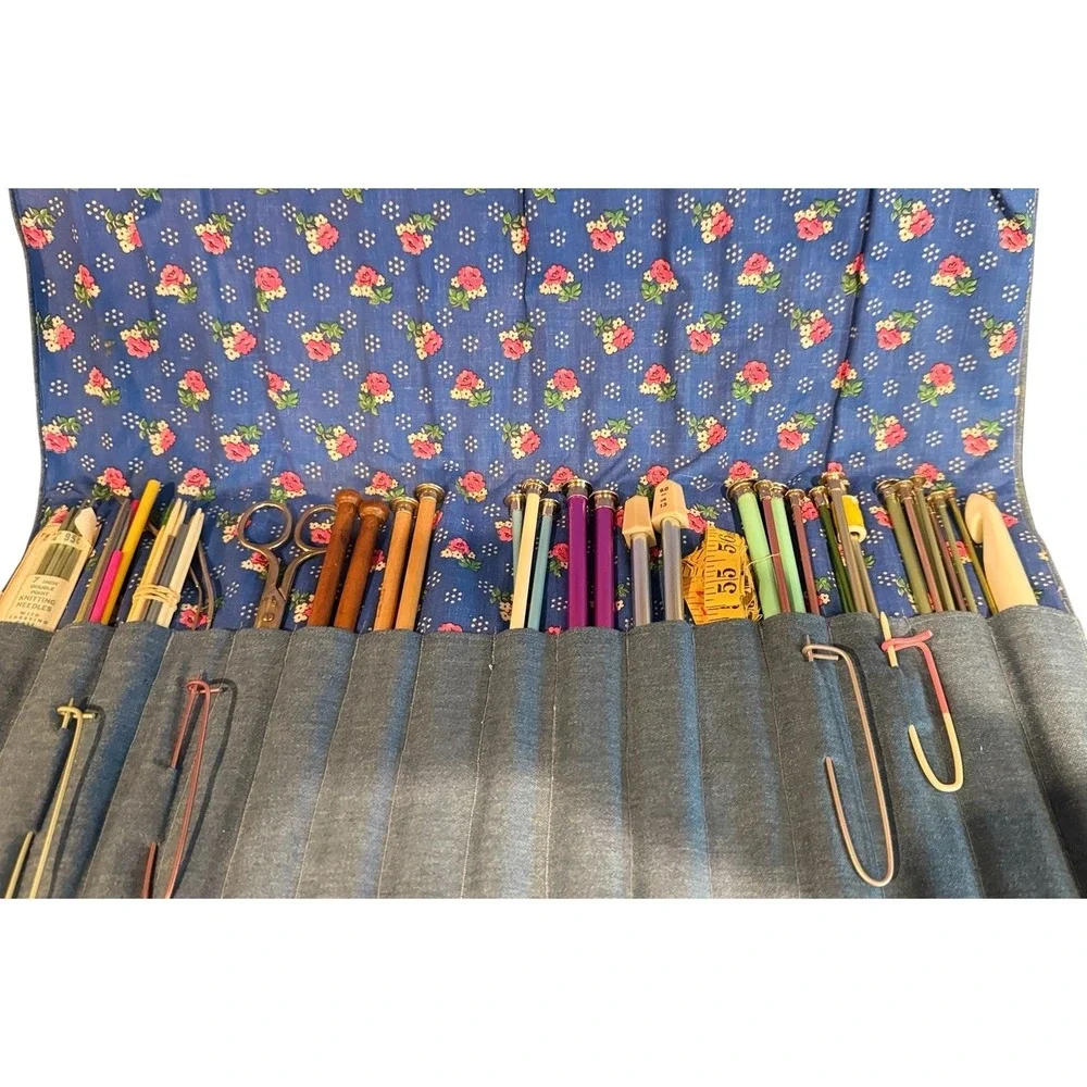 Vintage Knitting Needle Roll Organizer with‎ Assorted Needles Hooks and Tools